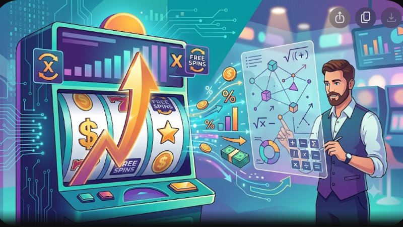 Иллюстрация с математическими формулами и игровым слотом для статьи о бонусах онлайн-казино